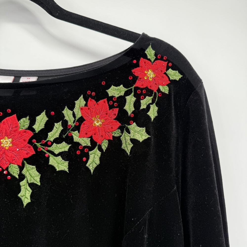Quacker Factory Velvet Dress Womens 1X Black Red Poinsettia Embroidered Holiday - Picture 3 of 10